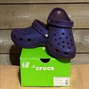 Crocs Classic (Womens 7) Platform Glitter Dark Iris Purple Slip On Shoes Sandals